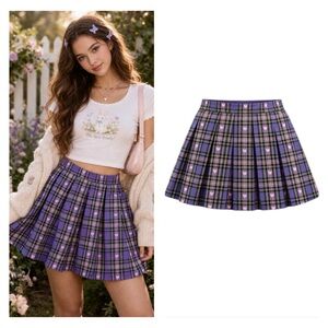 Hot Topic Plaid Pleated Skirt Size Large Hearts Twee Preppy Coquette Y2K Purple